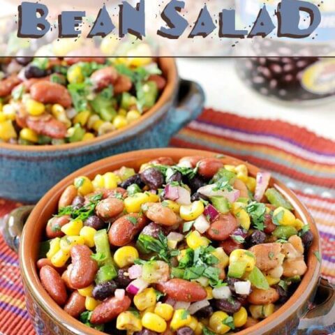 Mexican Bean Salad in two bowls with two cans of Bush's Beans.