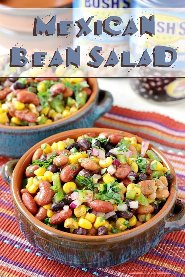 Mexican Bean Salad in two bowls with two cans of Bush's Beans.