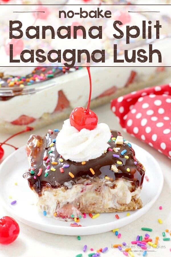 No-Bake Banana Split Lasagna Lush on a white plate with cherries.