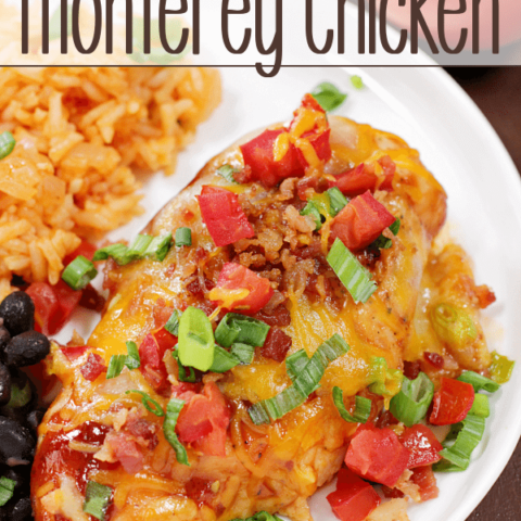 Baked Monterey Chicken on a white plate with Mexican rice.