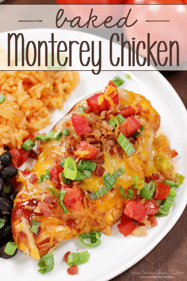 Baked Monterey Chicken on a white plate with Mexican rice.