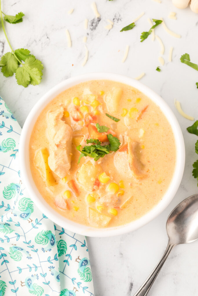 looking down into a bowl of mexican chicken and corn chowder