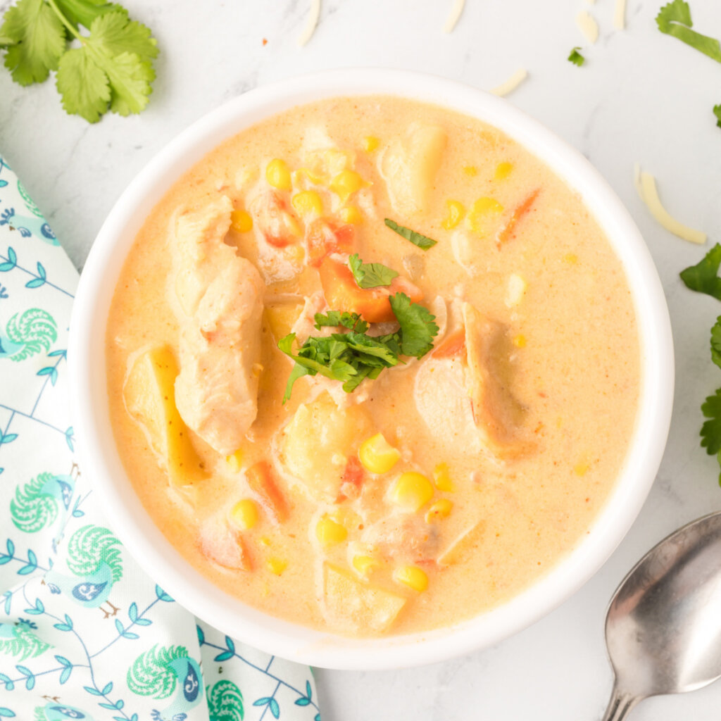 looking down into a bowl of mexican chicken & corn chowder