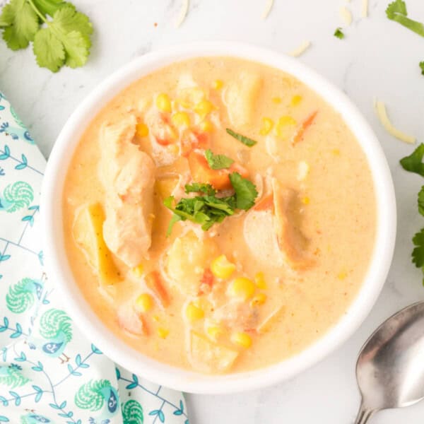 looking down into a bowl of mexican chicken & corn chowder