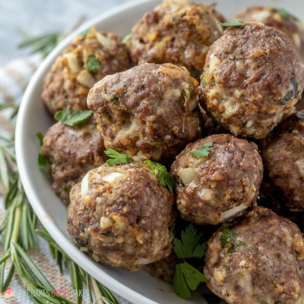 italian herb baked meatballs in serving bowl