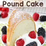 Old-Fashioned Cream Cheese Pound Cake on a plate with fresh berries.