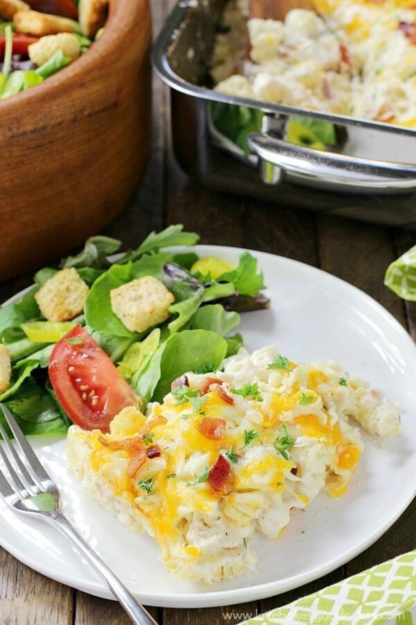 Chicken Bacon Ranch Pasta Casserole is creamy, cheesy, and comforting! Loaded with chicken, bacon, cheese, and a homemade Ranch sauce, this is sure to become a family favorite!