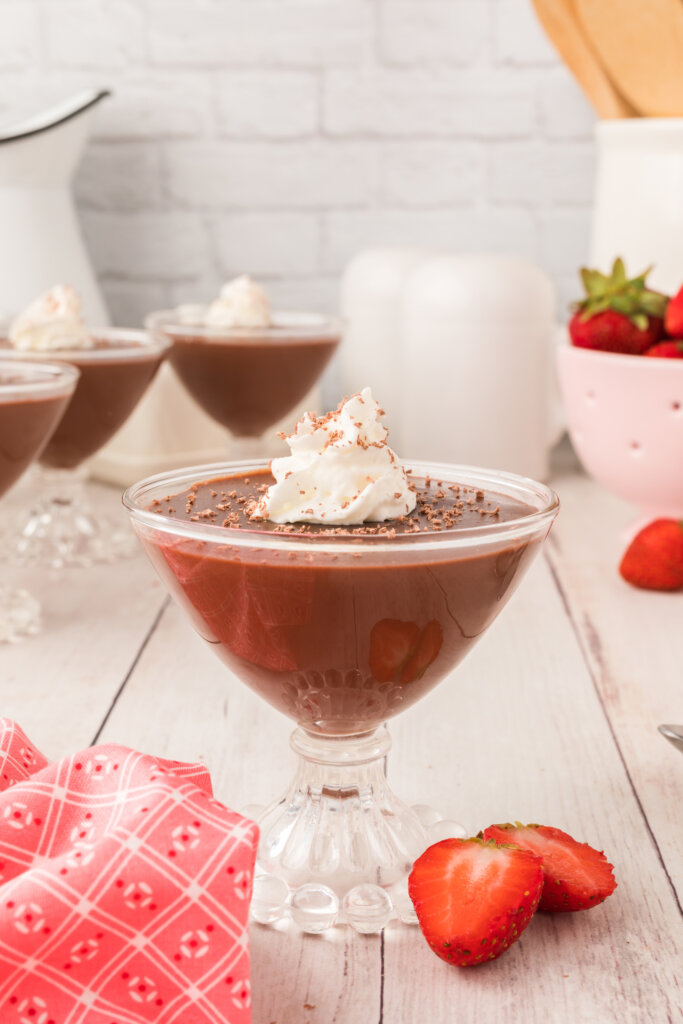 chocolate pudding in glass stemmed cup