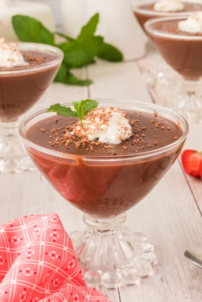 homemade chocolate pudding in glass dessert cup