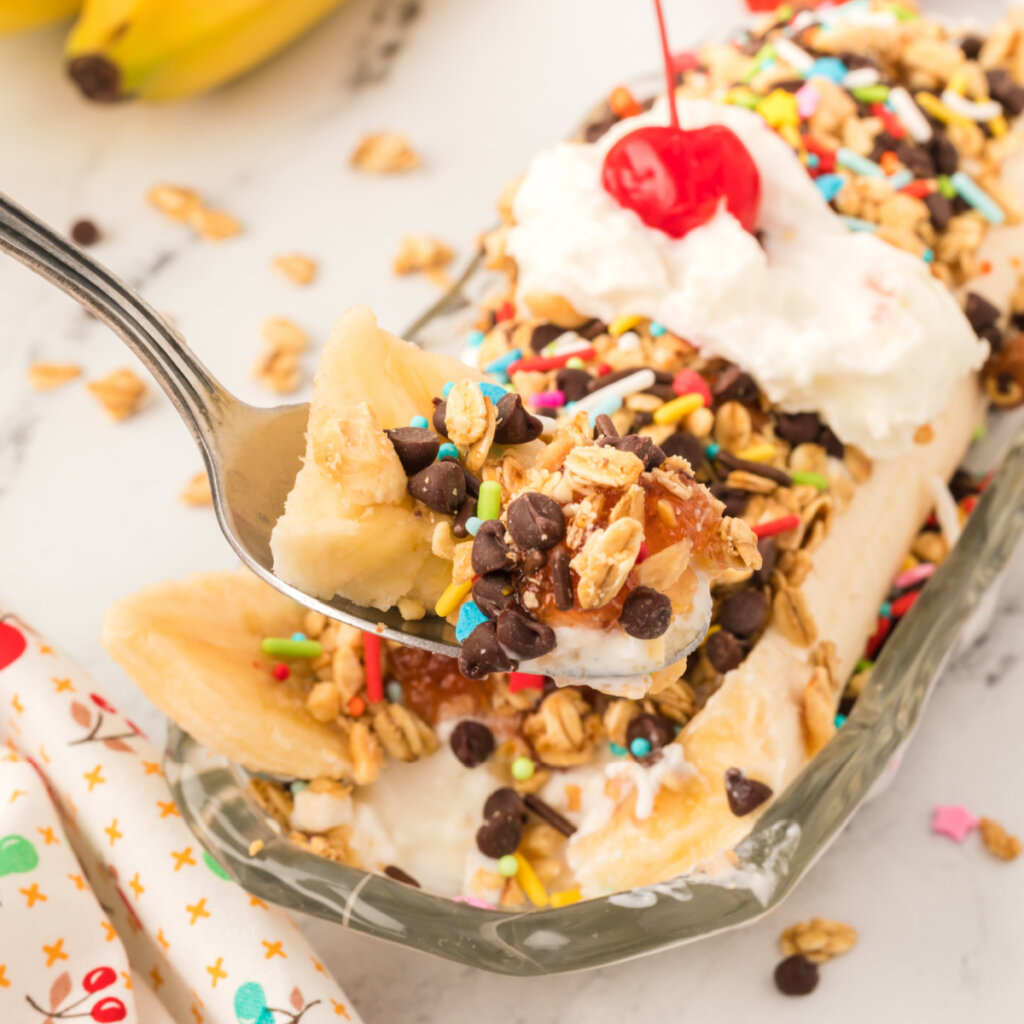 bite of breakfast banana split on spoon