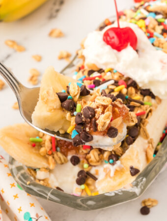 bite of breakfast banana split on spoon