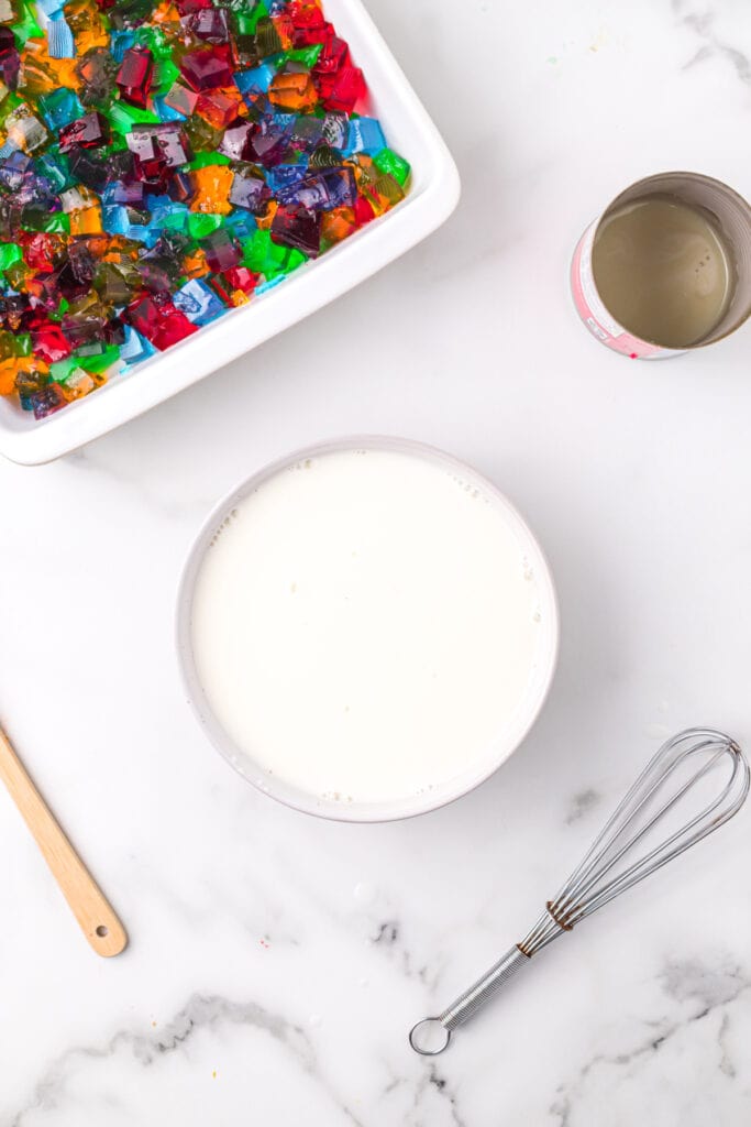 Creamy sweetened condensed milk gelatin mixture for Broken Glass Jello recipe