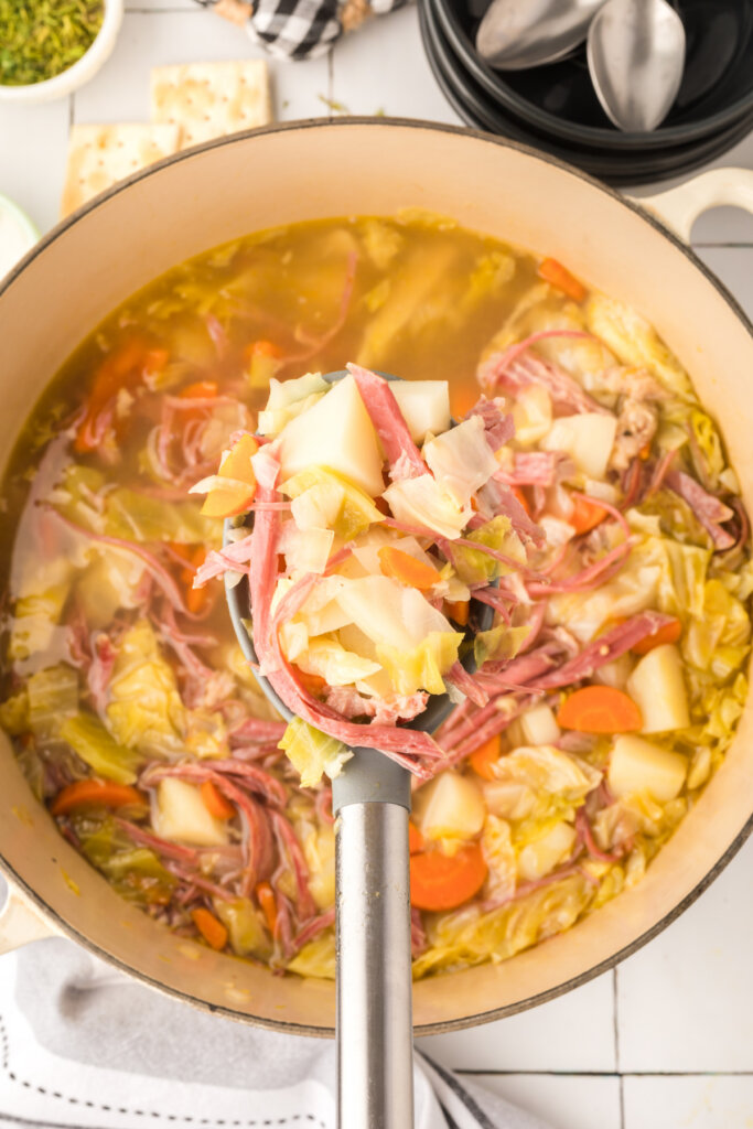 pot of corned beef and cabbage soup