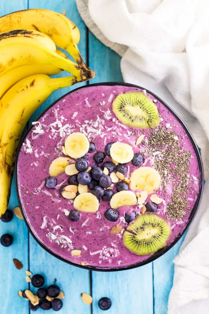 looking down onto a blueberry banana smoothie bowl