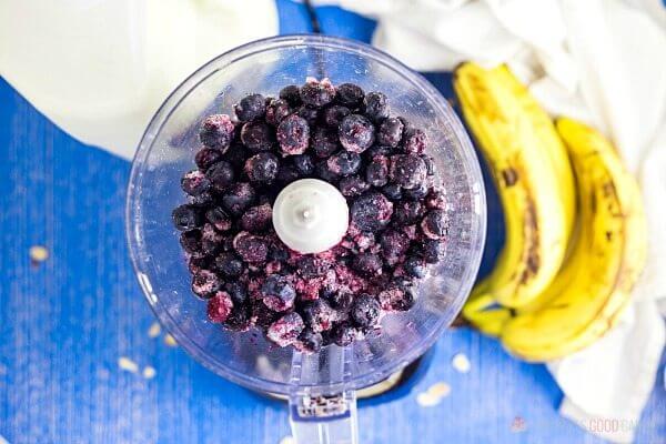Blueberry Banana Smoothie Bowl ingredients in a blender.
