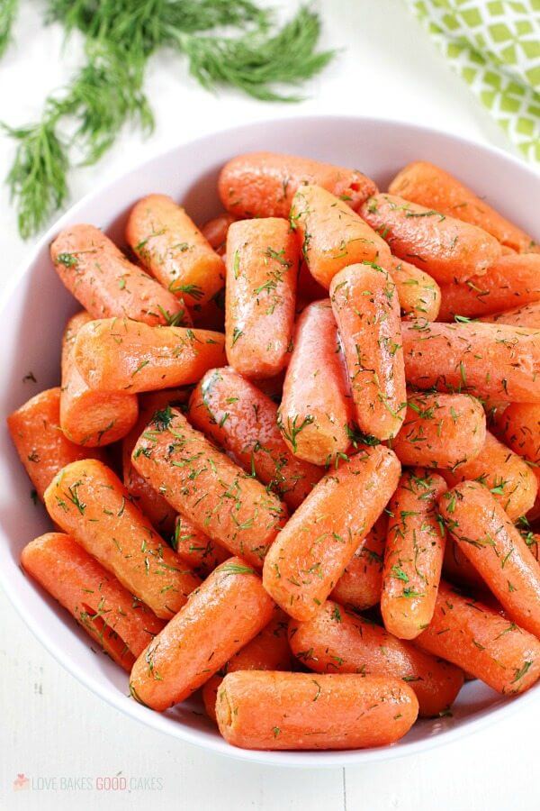 Dill Butter Carrots in a white bowl.