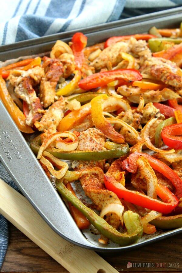 Sheet Pan Chicken Fajitas on a baking sheet.