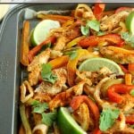 Get dinner on the table quickly with this Sheet Pan Chicken Fajitas recipe! Tender strips of chicken, bell pepper, and onion mingle in a tantalizing array of Mexican flavors. Serve with your favorite garnishments and (an optional) Margarita!