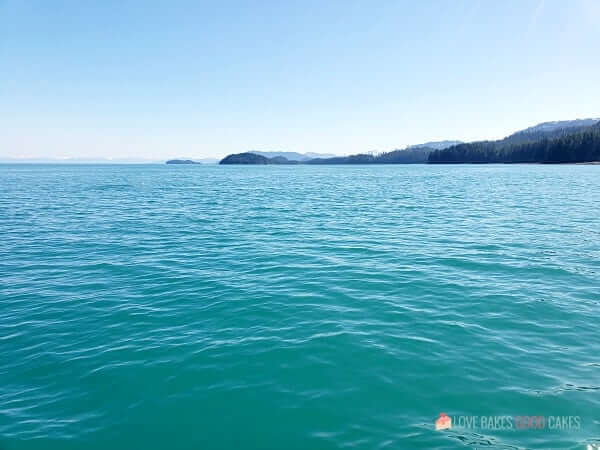 Looking toward a body of water with mountains in the distance.