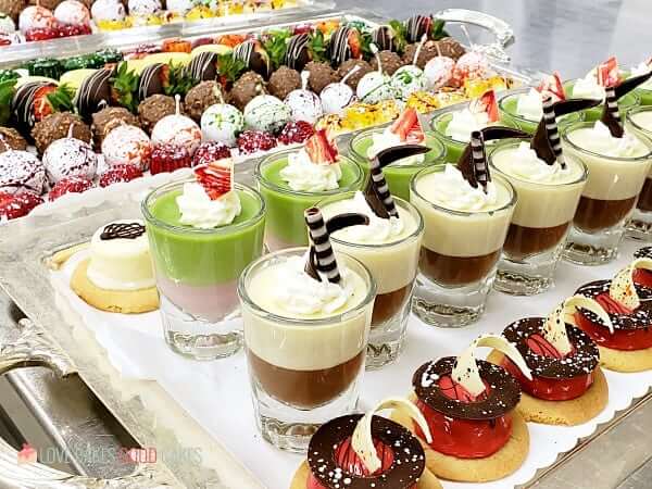 Deserts on a tray in the buffet restaurant on a cruise ship.