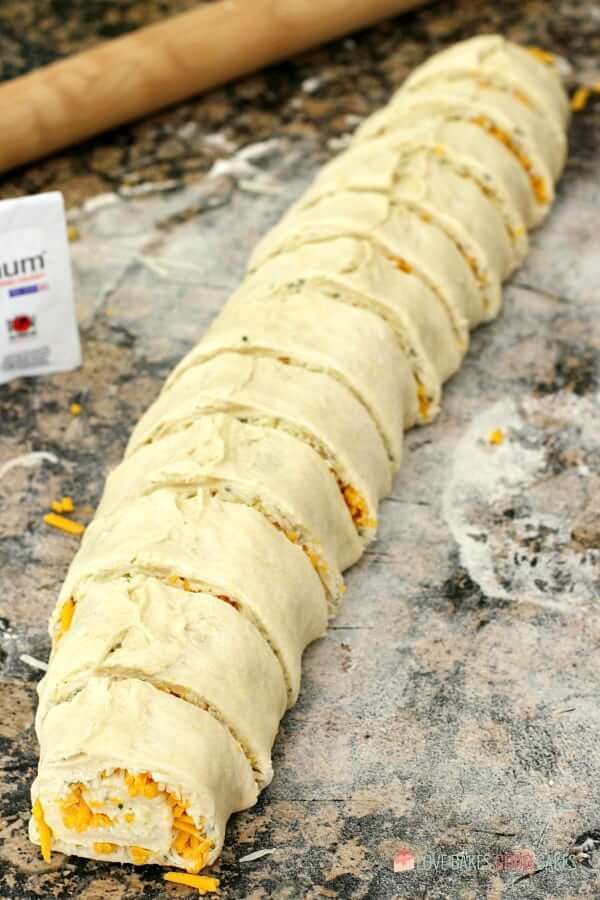 Cheesy Garlic Bread "Cinnamon" Roll dough with shredded cheese rolled up and sliced on a counter top.