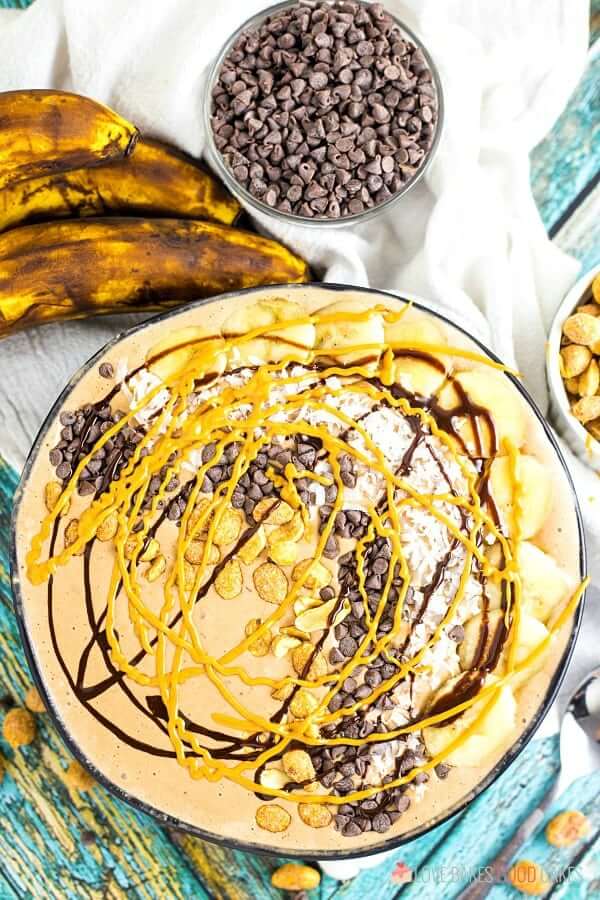 Chocolate Peanut Butter Smoothie Bowl with bananas and chocolate chips.