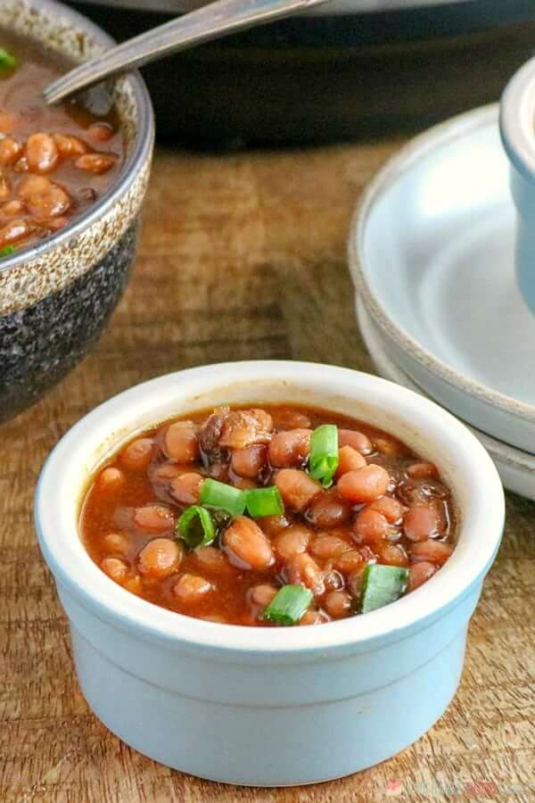 Instant Pot Baked Beans in a white bowl.
