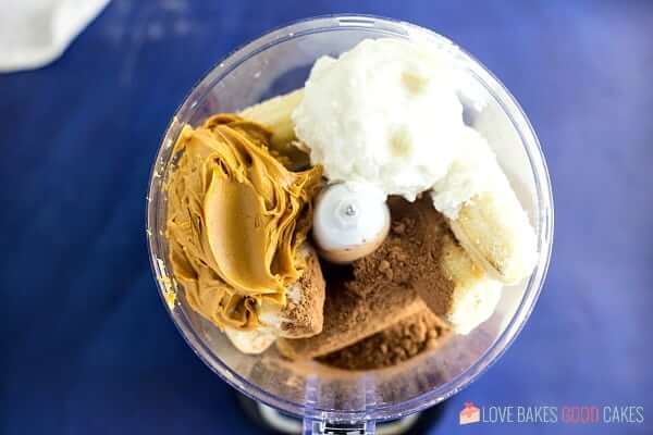 Chocolate Peanut Butter Smoothie ingredients in a blender.