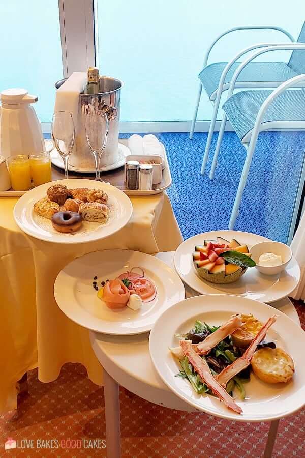 A balcony breakfast inside the cabin of a cruise ship.