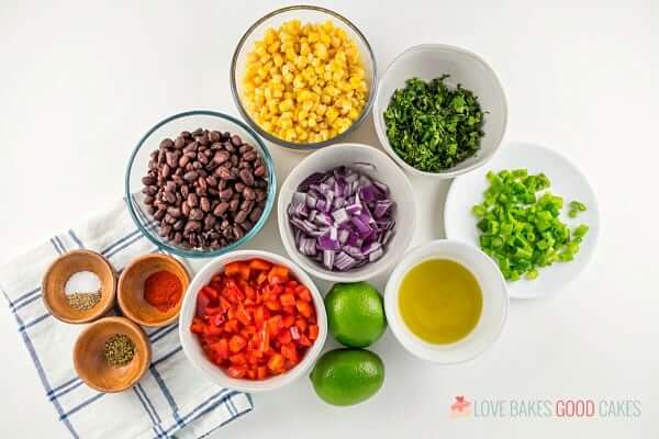 Black Bean and Corn Salsa ingredients in bowls.