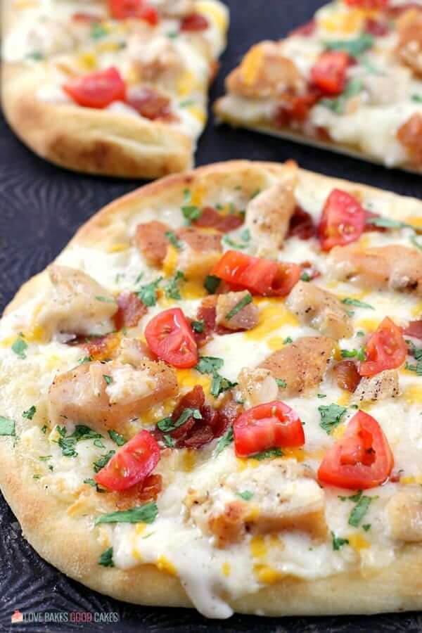 Chicken Bacon Ranch Naan Bread Pizza close up.