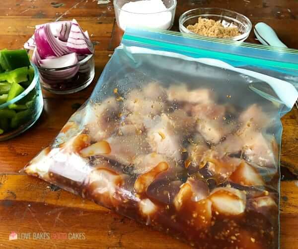 Hawaiian Chicken Kebabs marinating in a zip lock bag.