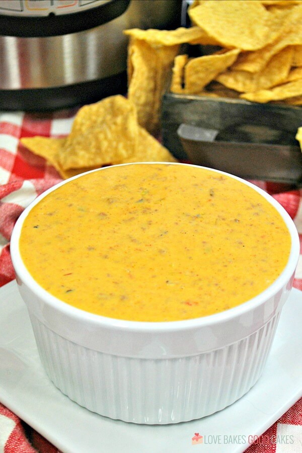 Instant Pot Mexican Queso in a white bowl with tortilla chips.