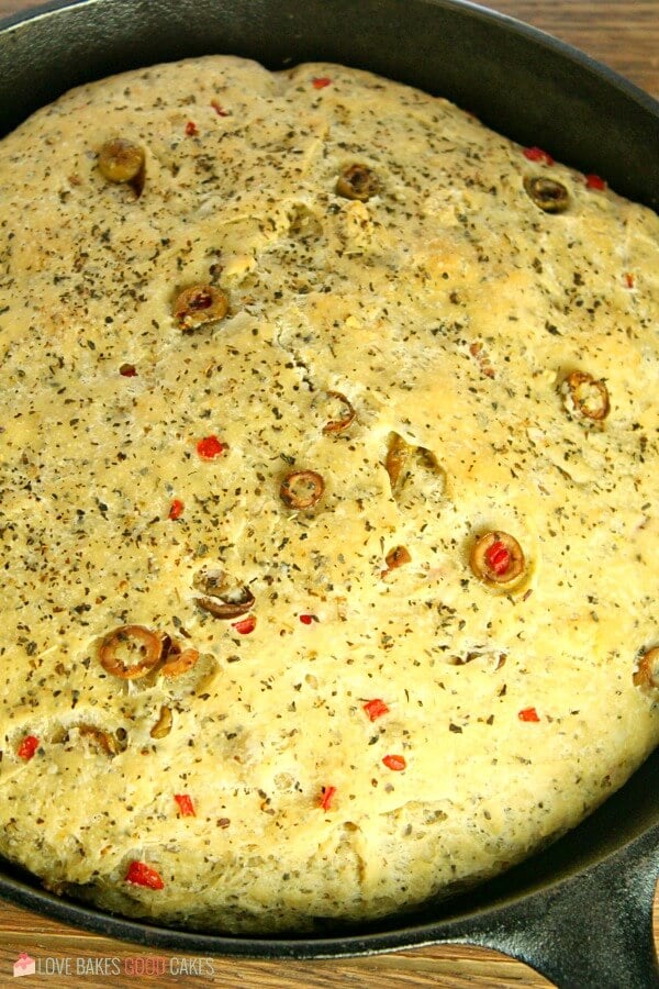 Close up of bread in a skillet to show texture.