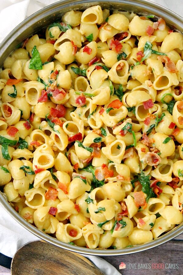 One Pot Creamy Bacon Spinach Pasta in a skillet.