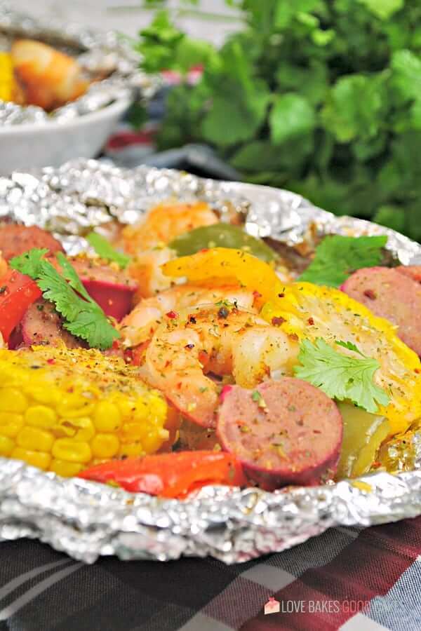 Shrimp Boil Foil Packets close up.