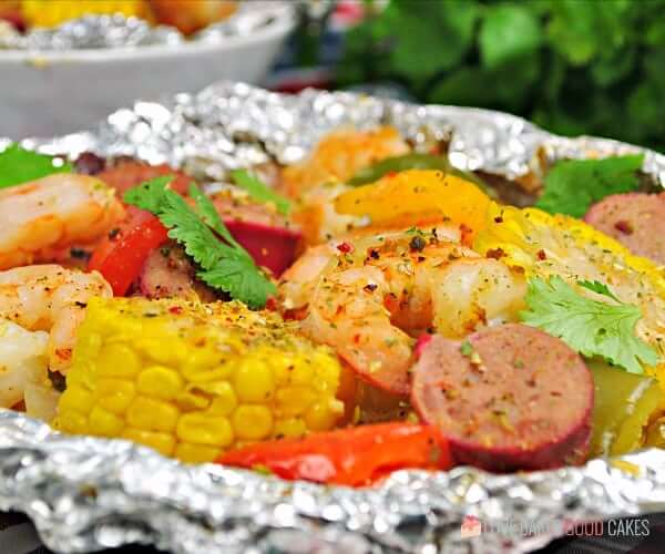Shrimp Boil Foil Packets after cooking and ready to eat.