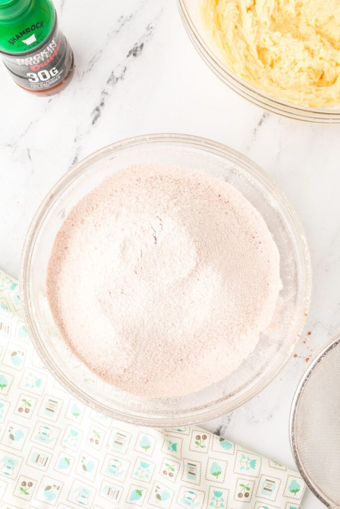Cake flour, cocoa powder, baking powder, and salt whisked together for Chocolate Milk Cake