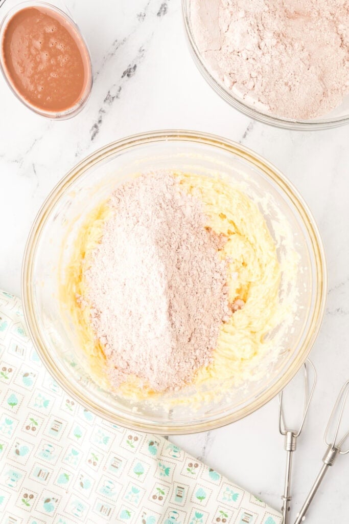 Dry ingredients added to the creamed butter mixture for Chocolate Milk Cake batter
