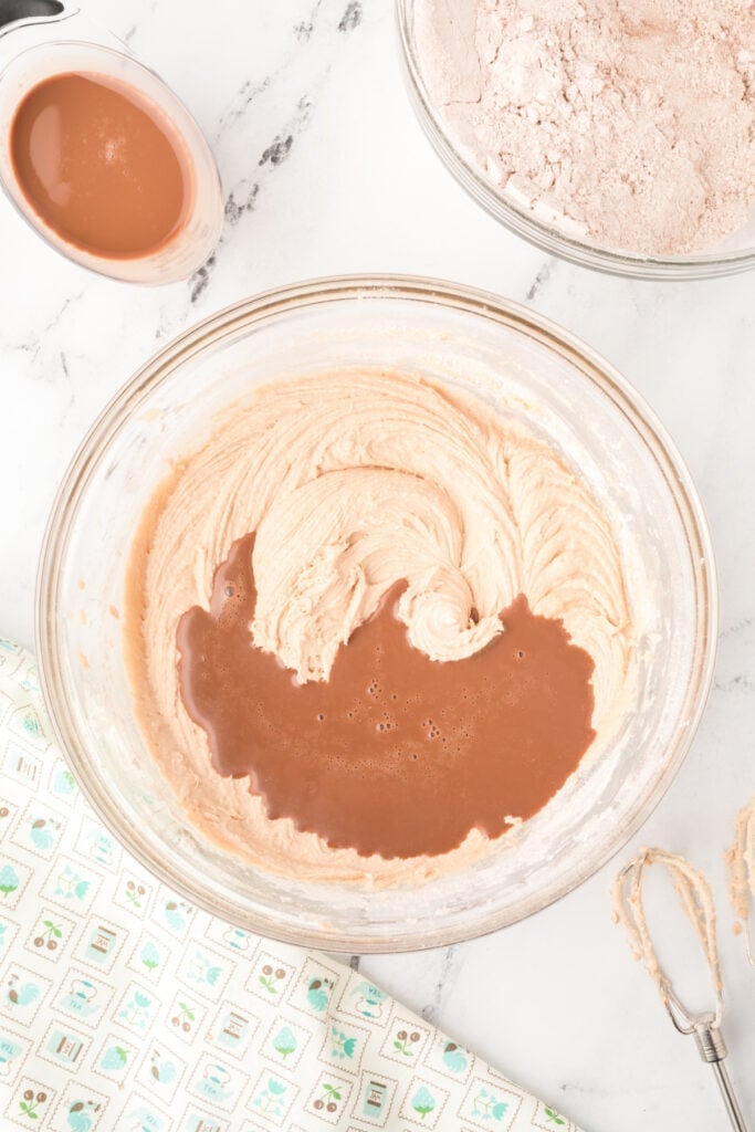Chocolate milk added to the Chocolate Milk Cake batter during mixing