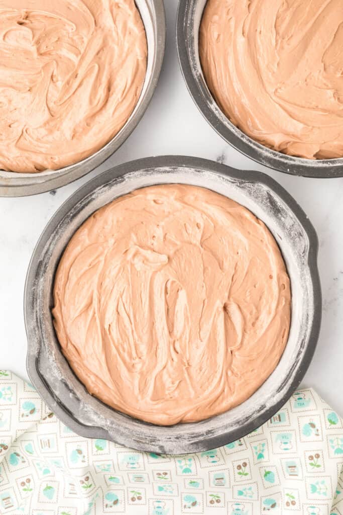 Chocolate Milk Cake batter evenly divided between three prepared cake pans