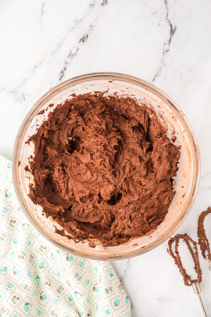 Chocolate buttercream frosting mixed until smooth and fluffy