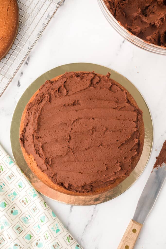 Chocolate Milk Cake layer covered with chocolate buttercream frosting before stacking