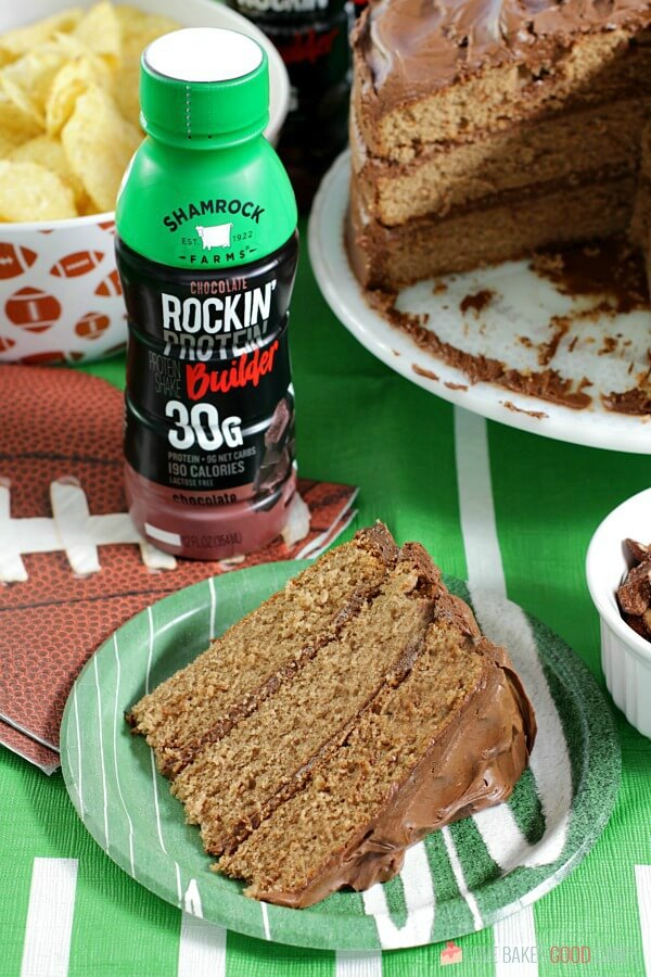 Chocolate Milk Cake on a plate with a bottle of Shamrock chocolate milk.