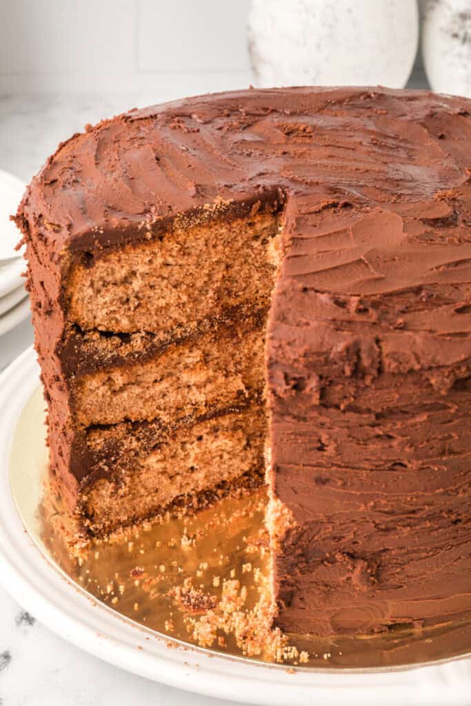 Chocolate Milk Cake with chocolate buttercream frosting and a slice removed showing the soft, moist cake layers.
