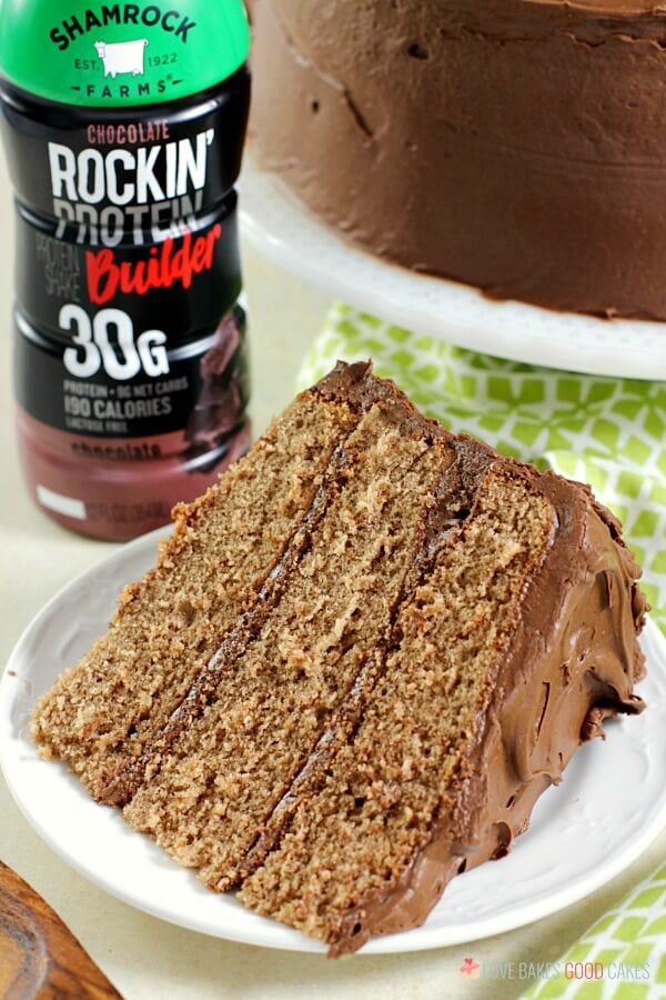 Chocolate Milk Cake on a plate with a bottle of Shamrock chocolate milk.