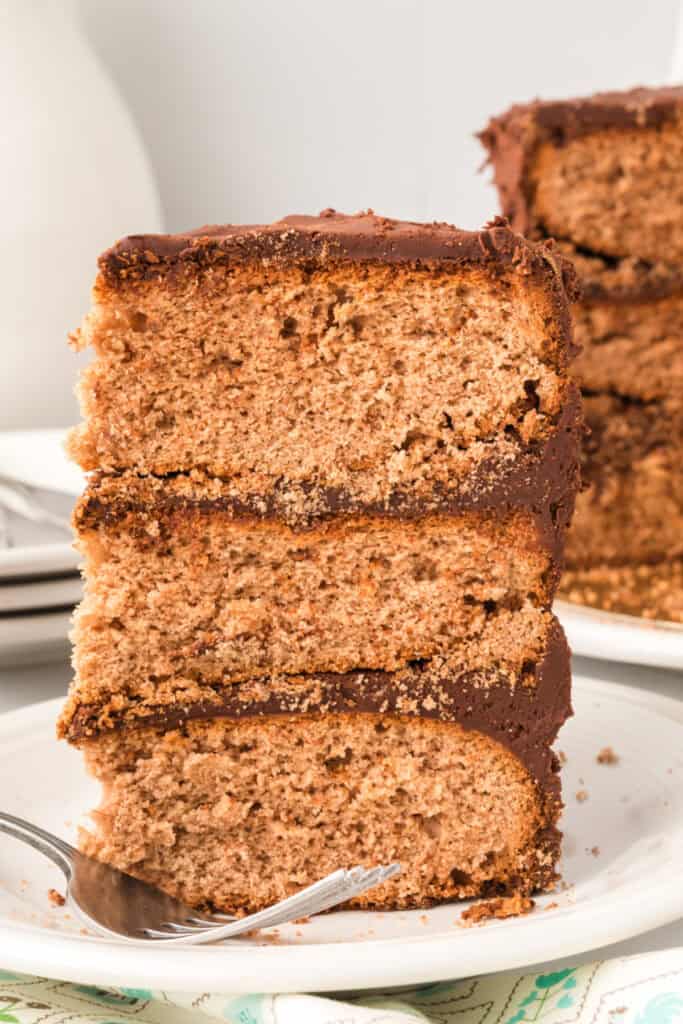 Tall slice of Chocolate Milk Cake Recipe showing three moist layers and homemade chocolate frosting