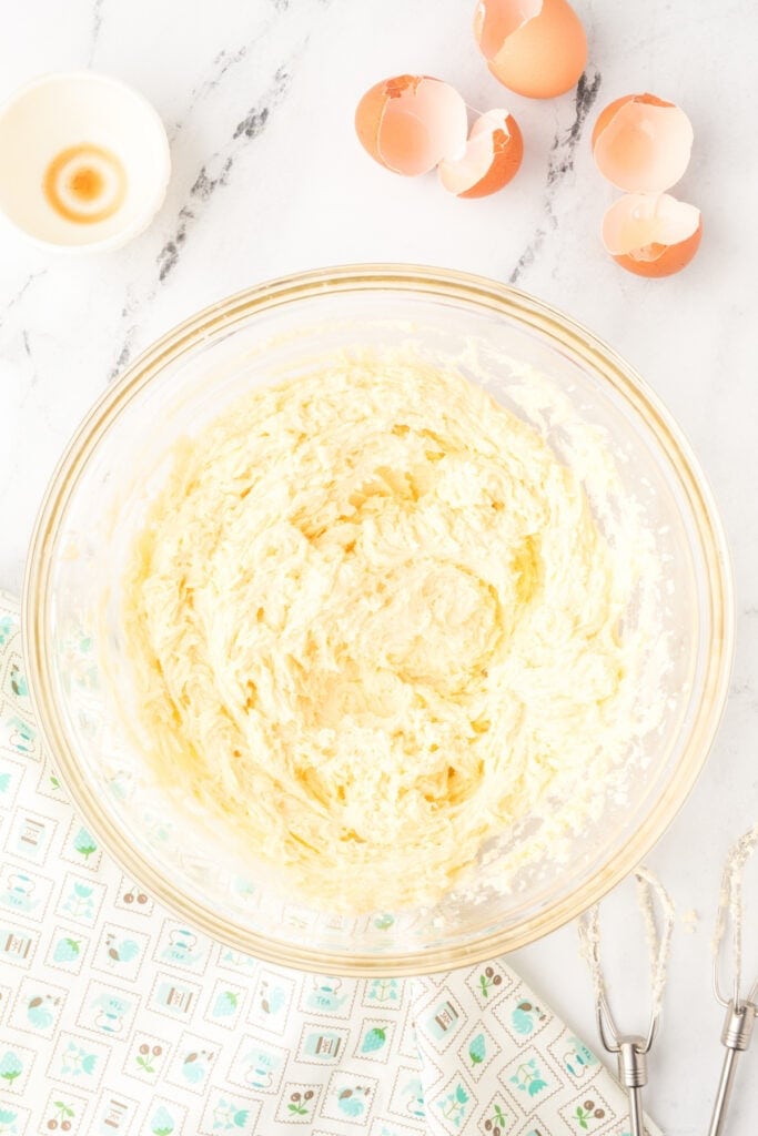 Butter, sugar, and eggs fully creamed for a light Chocolate Milk Cake batter