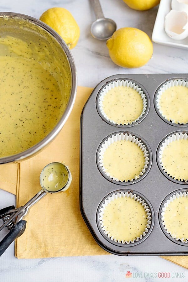 Lemon Poppy Seed Muffin mix being put into cupcake liners in a cupcake pan.