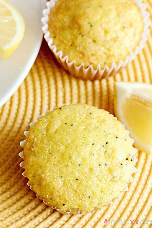 Lemon Poppy Seed Muffins on a serving plate close up.